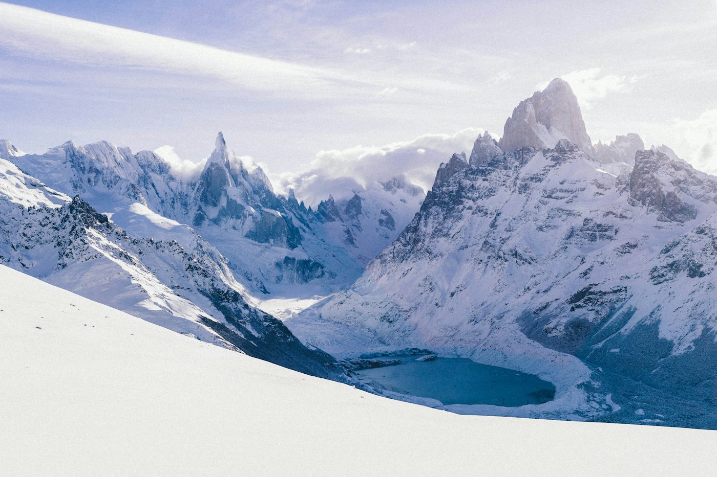 Snow-covered peaks and a glacial lake in Los Glaciares National Park